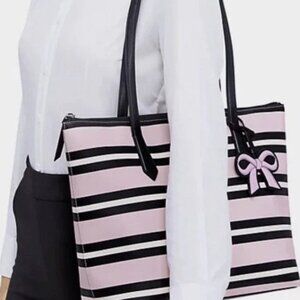 Kate Spade Cassy Ottoman Stripe Leather Tote Large Shoulder Bag Pink Multi